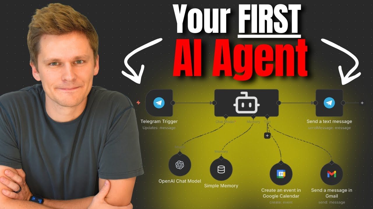 Still from the video: the finished agent on the n8n canvas